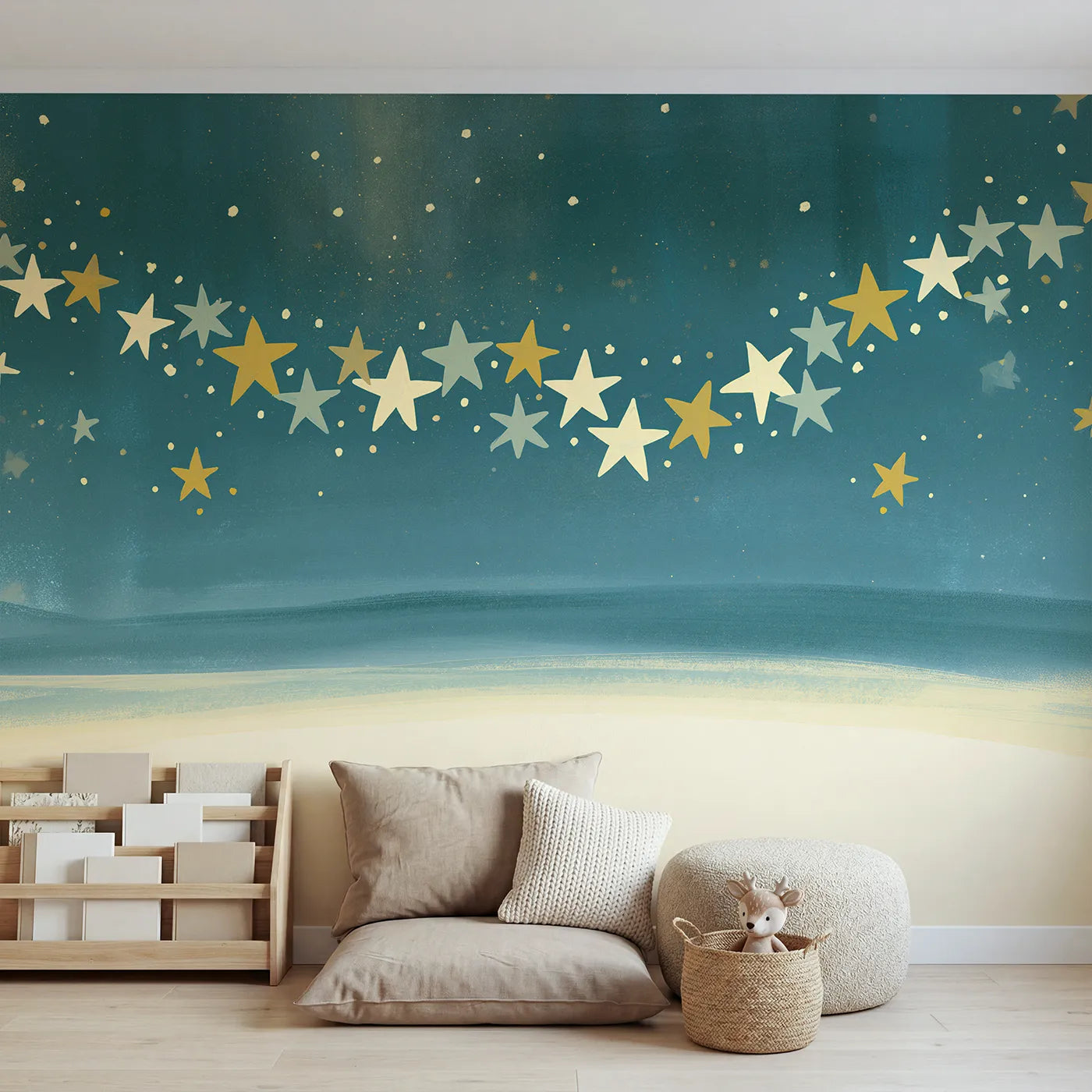 Gouache wall mural of bold folk stars and sparkles by Whimsy Tots