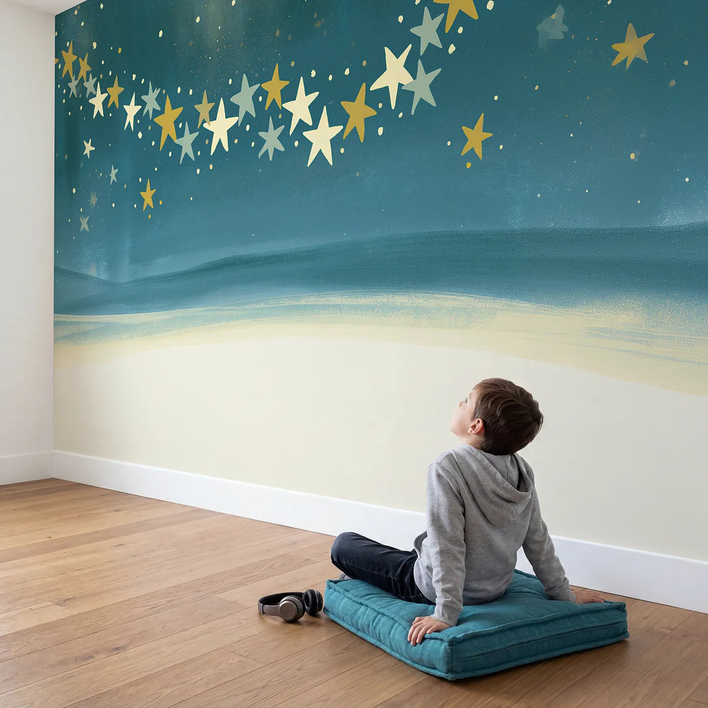 Child in nursery with Folk Star Magic Wallpaper Mural by Whimsy Tots