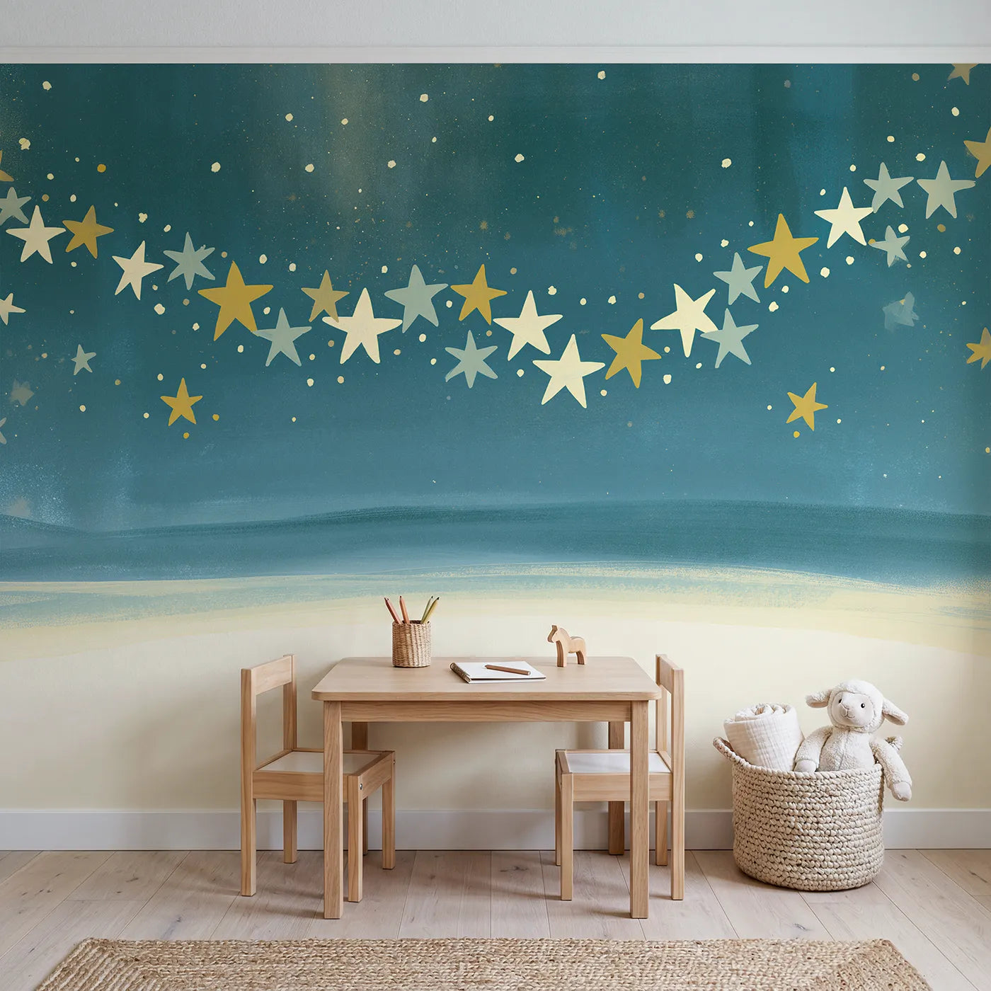 Folk Star Magic Wallpaper Mural in playroom setting by Whimsy Tots