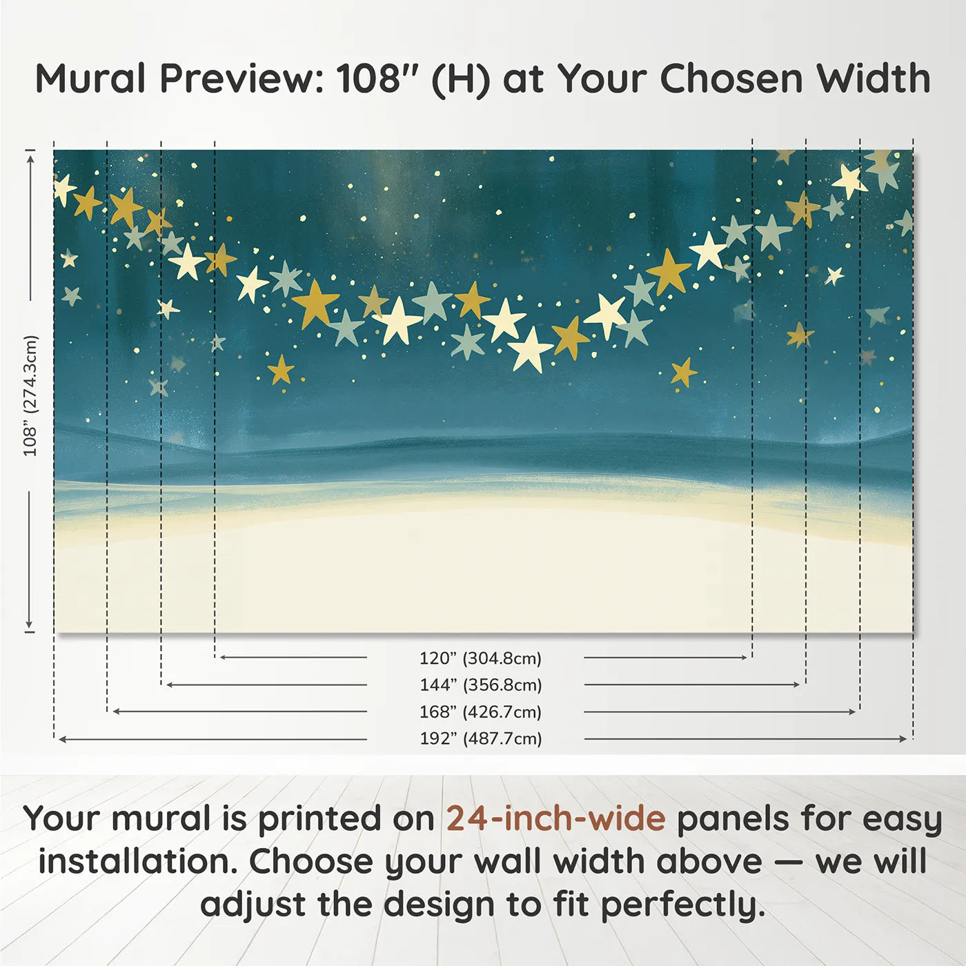 Panel layout and dimensions for Folk Star Magic Wallpaper Mural by Whimsy Tots
