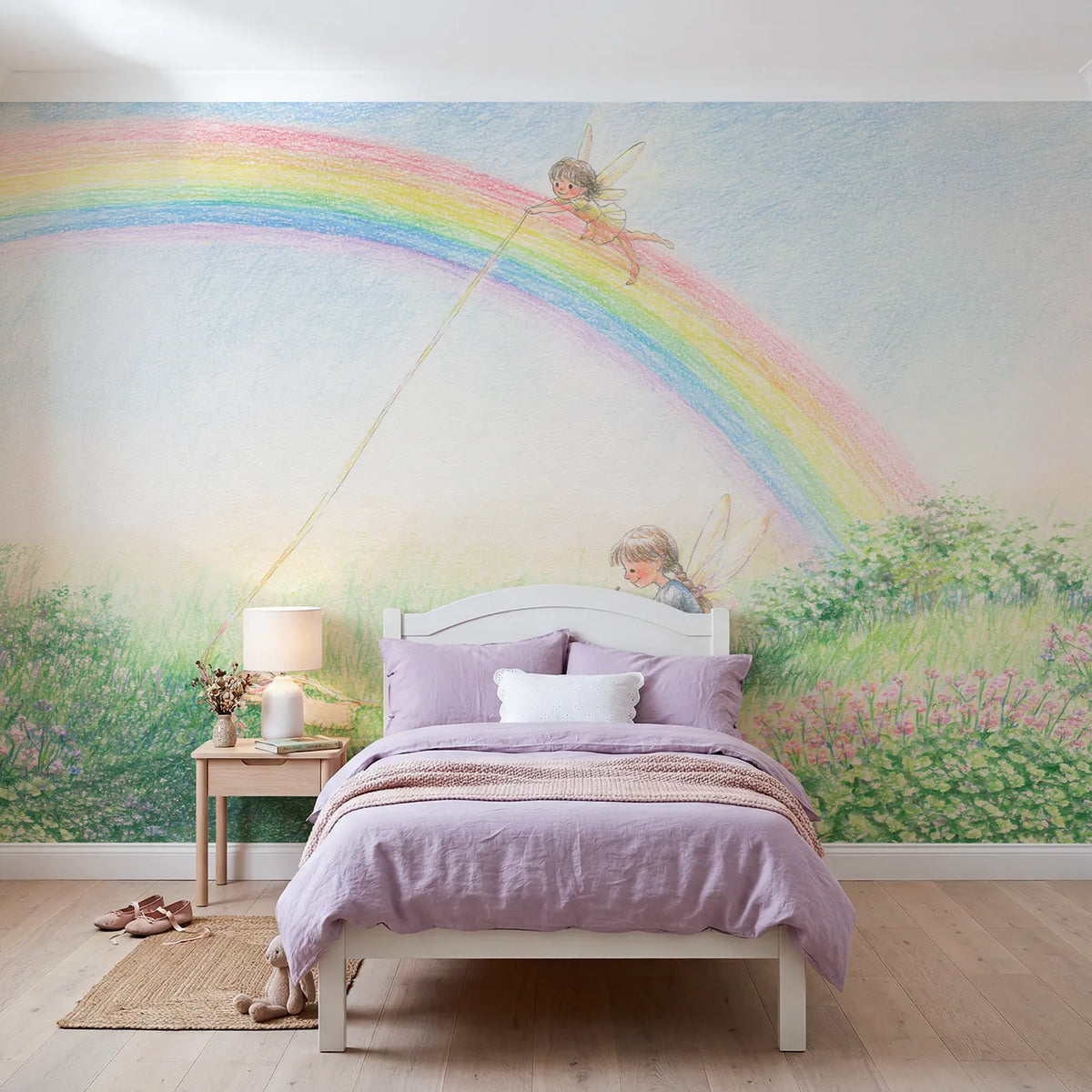 Colored Pencil fairies measuring a rainbow with a tape, mural for a big-kid bedroom by Whimsy Tots