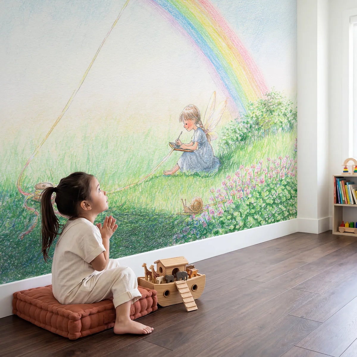 Child in nursery with Measuring the Rainbow Wallpaper Mural by Whimsy Tots