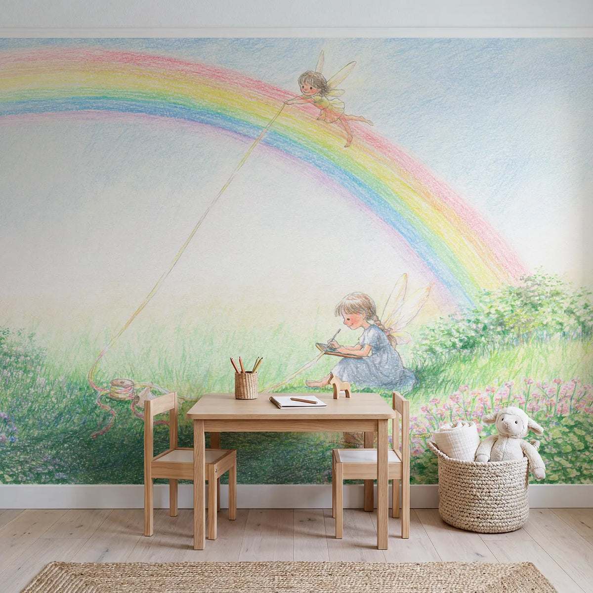 Measuring the Rainbow Wallpaper Mural in playroom setting by Whimsy Tots