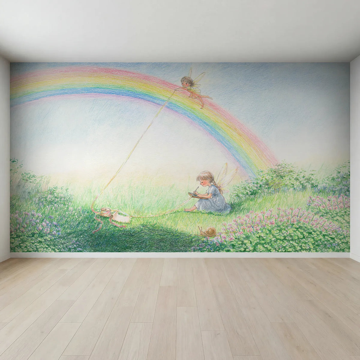 Full view of Measuring the Rainbow Wallpaper Mural by Whimsy Tots