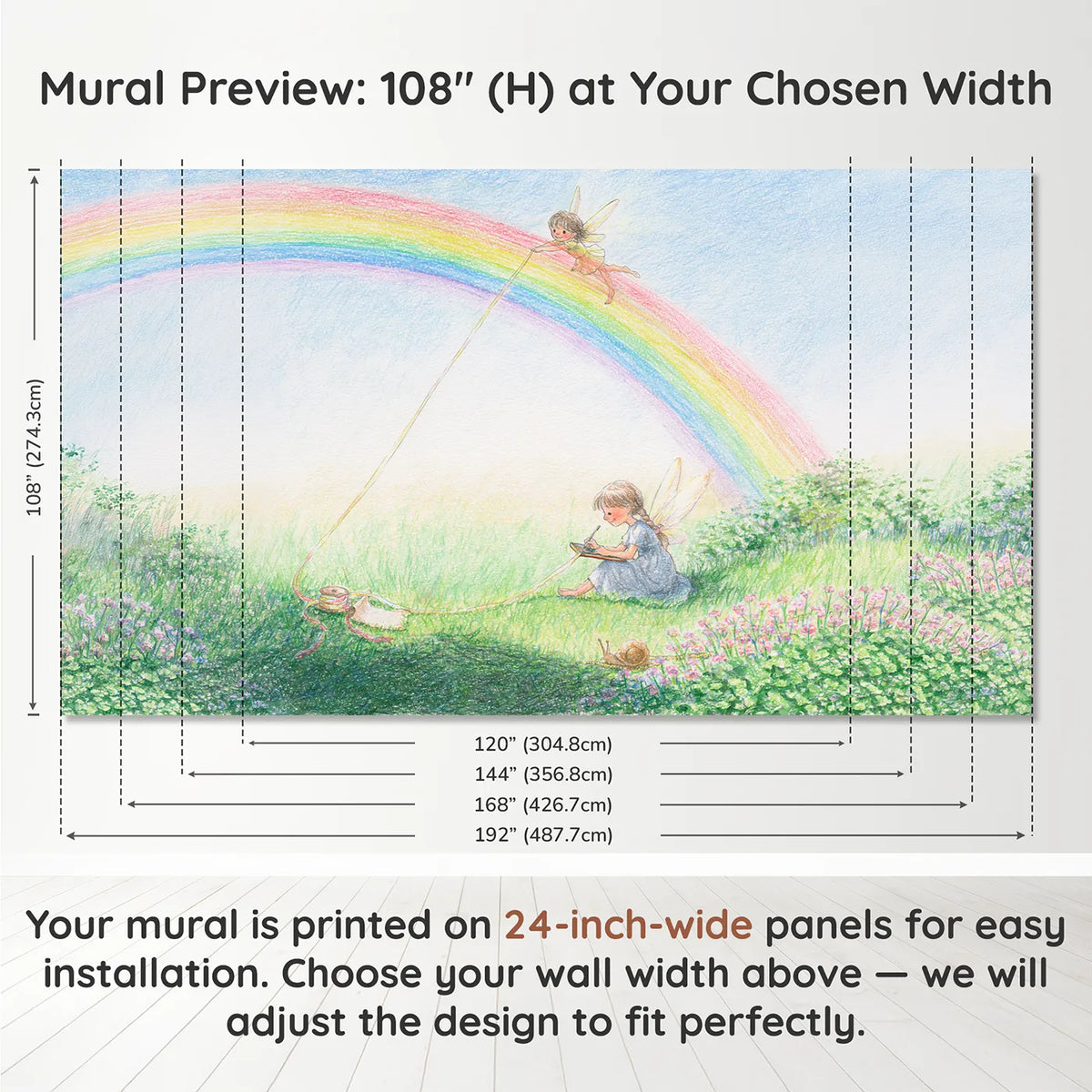 Panel layout and dimensions for Measuring the Rainbow Wallpaper Mural by Whimsy Tots
