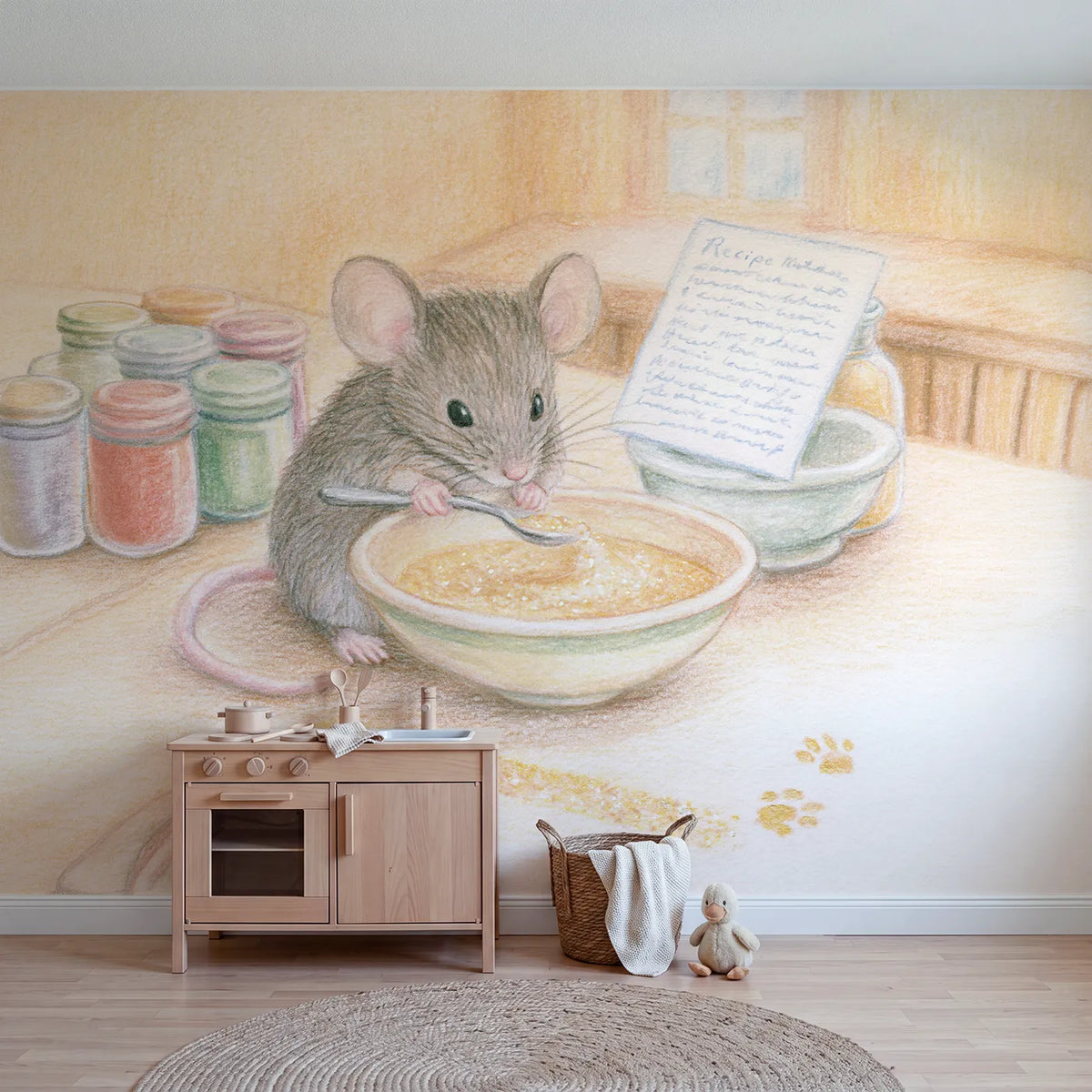 Colored Pencil mouse mixing a bowl of sparkle, mural for a big-kid bedroom by Whimsy Tots