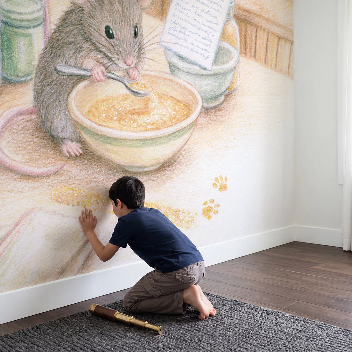 Child in nursery with The Sparkle Recipe Wallpaper Mural by Whimsy Tots