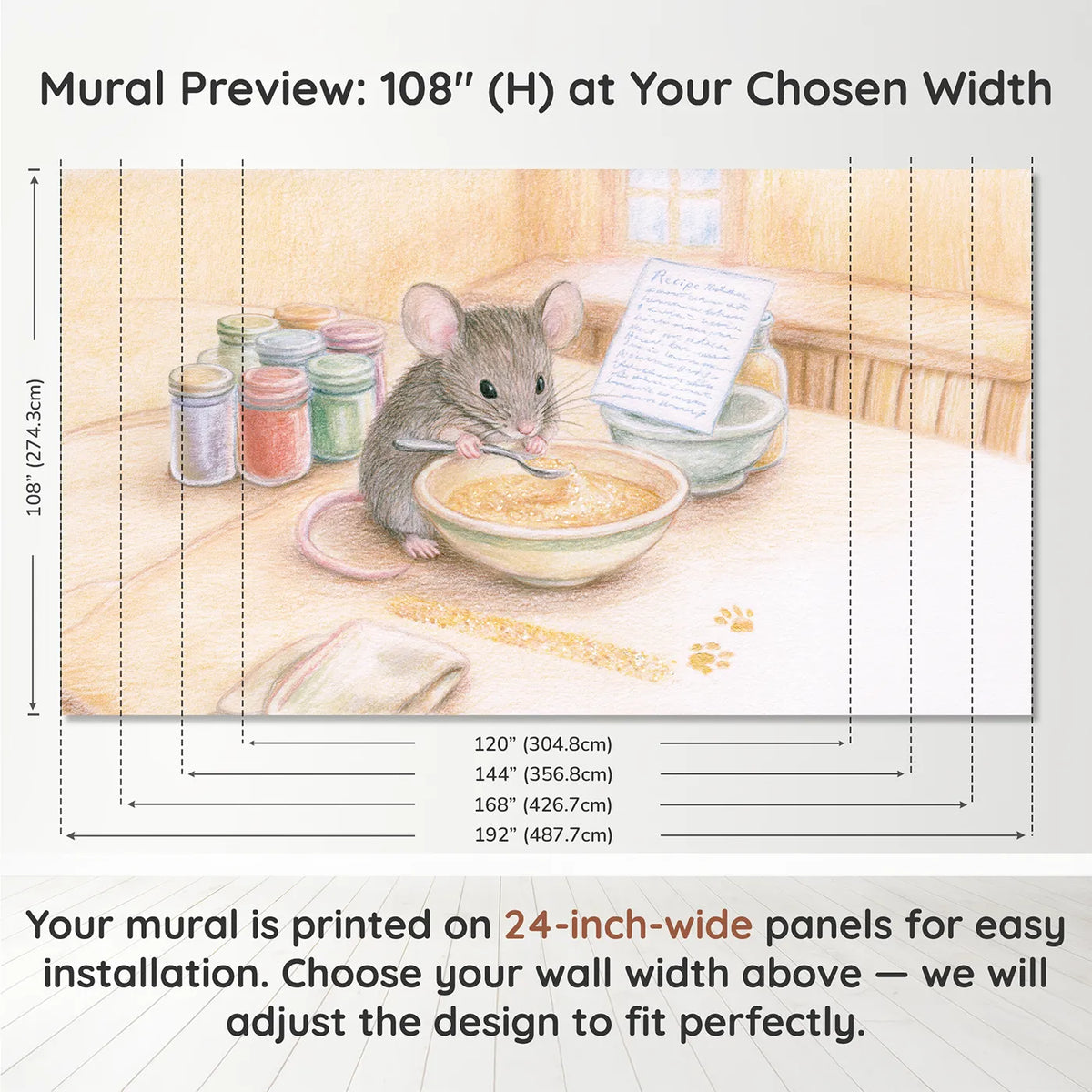 Panel layout and dimensions for The Sparkle Recipe Wallpaper Mural by Whimsy Tots