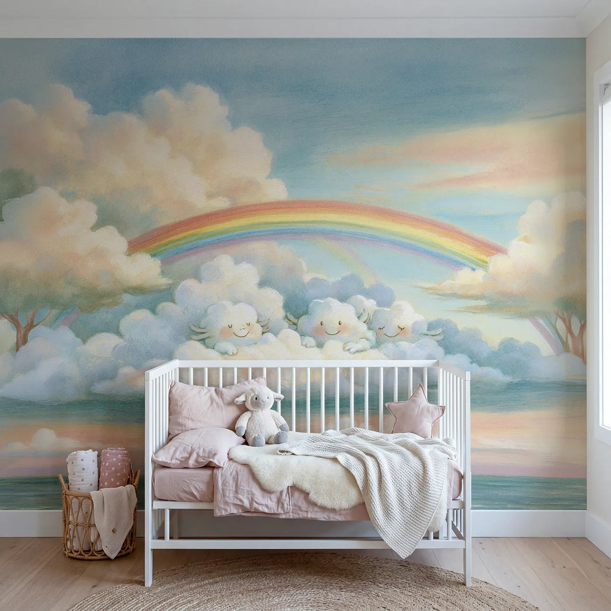 Storybook wall mural of cloud friends under a rainbow by Whimsy Tots