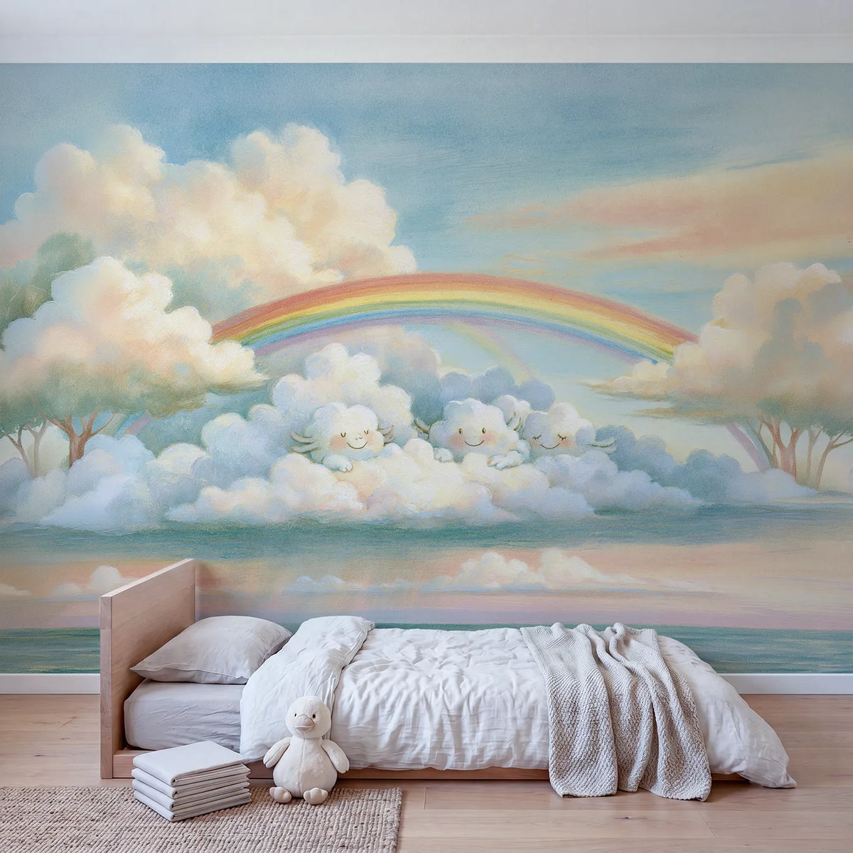 Rainbow Cloud Friends Wallpaper Mural in playroom setting by Whimsy Tots