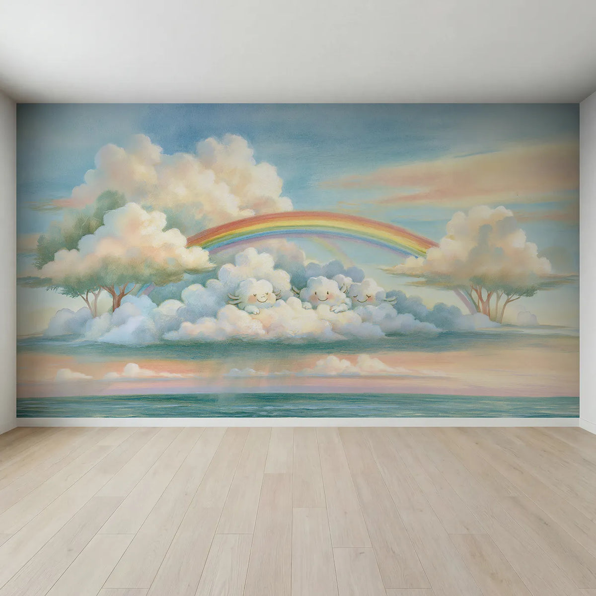 Full view of Rainbow Cloud Friends Wallpaper Mural by Whimsy Tots