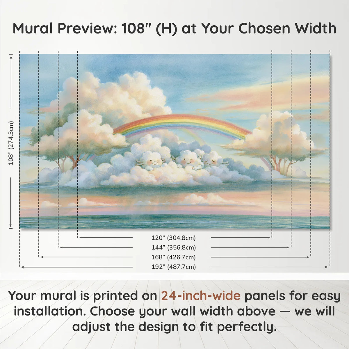 Panel layout and dimensions for Rainbow Cloud Friends Wallpaper Mural by Whimsy Tots