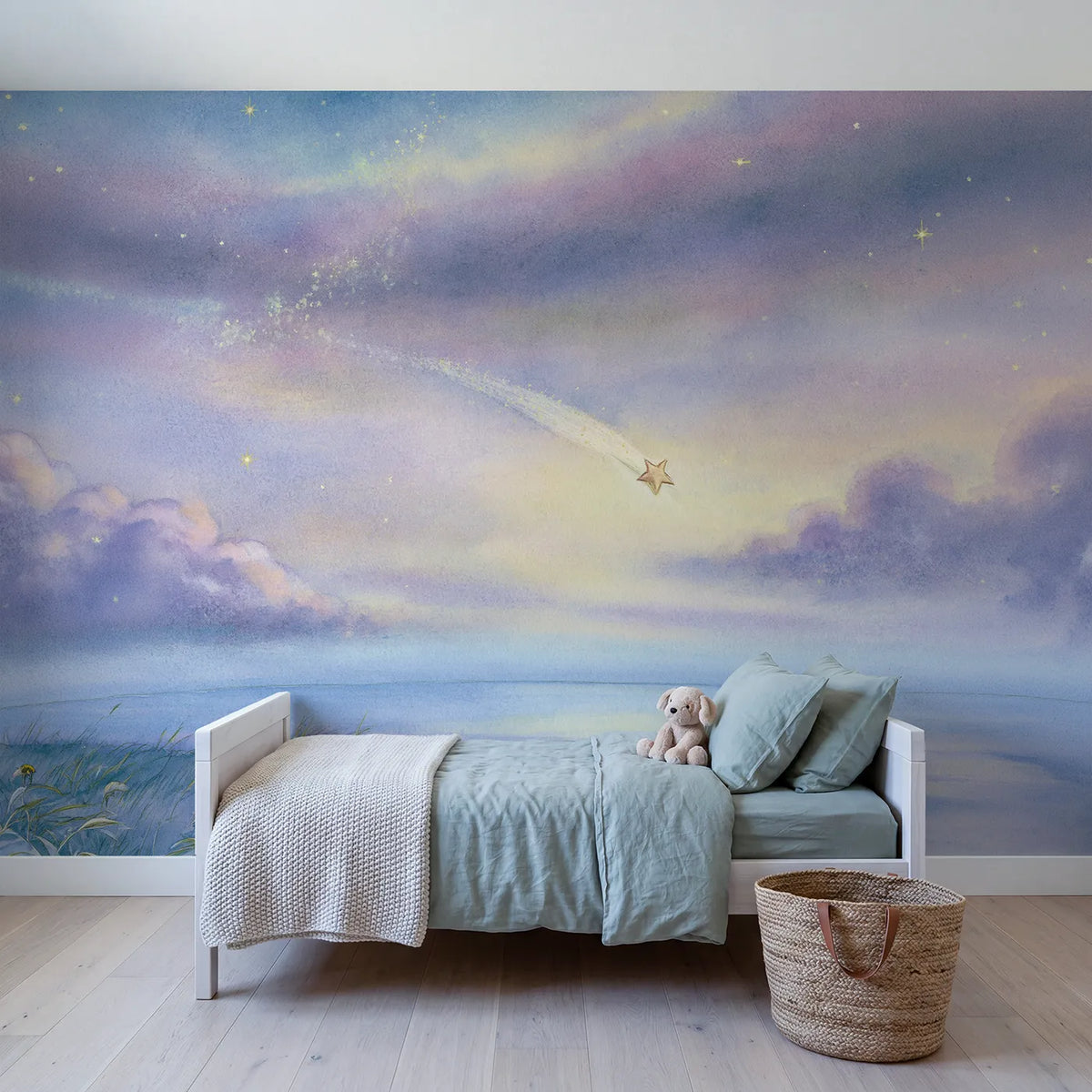 Storybook wall mural of a friendly shooting star by Whimsy Tots