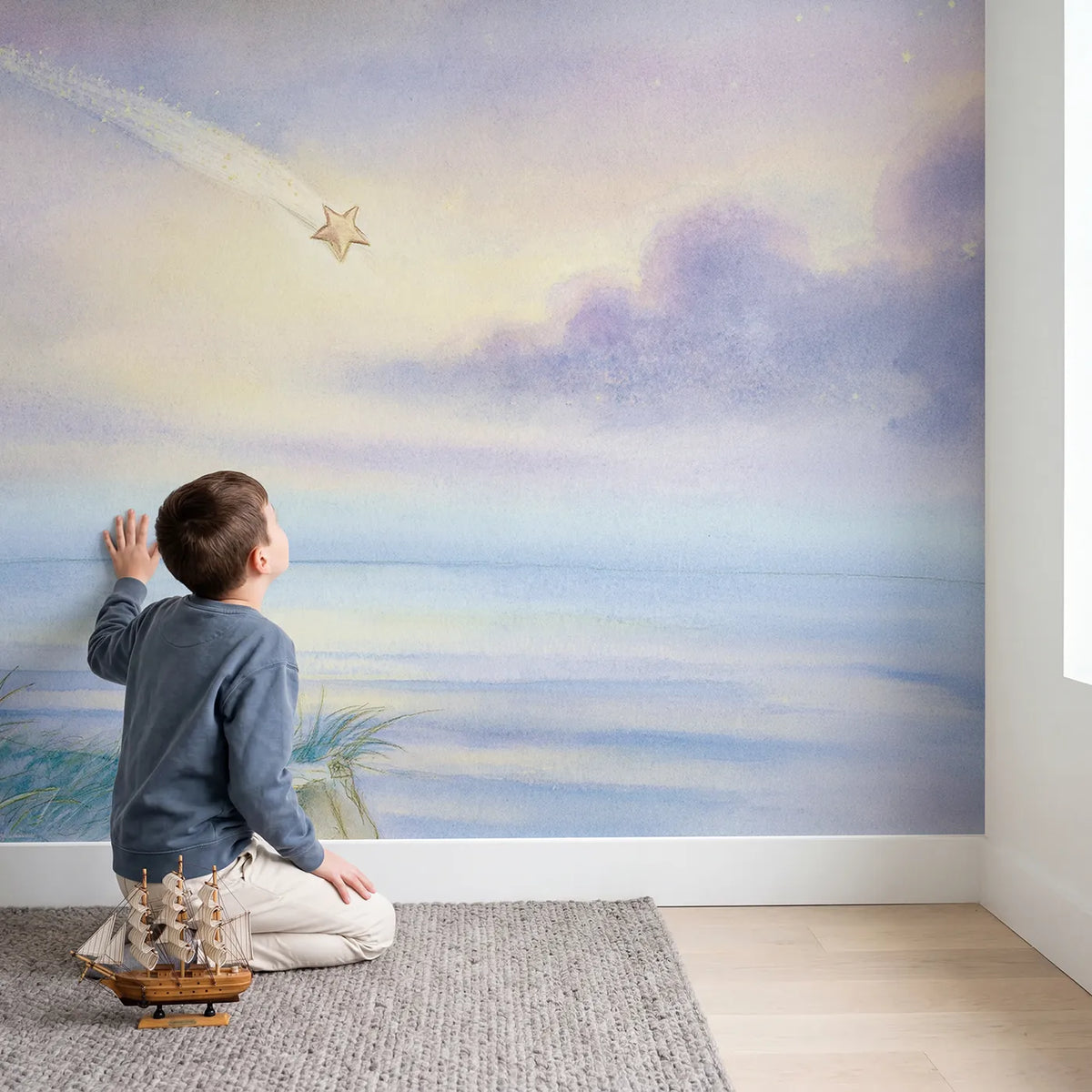 Child in nursery with Shooting Star Adventure Wallpaper Mural by Whimsy Tots