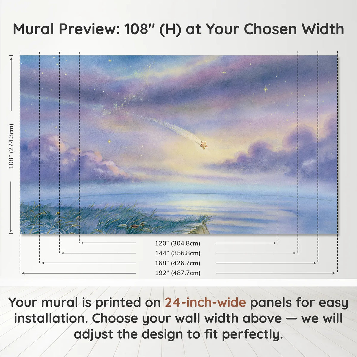 Panel layout and dimensions for Shooting Star Adventure Wallpaper Mural by Whimsy Tots