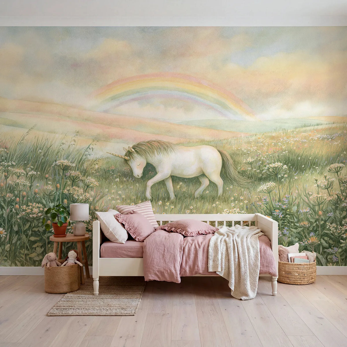 Storybook wall mural of a unicorn meadow day by Whimsy Tots