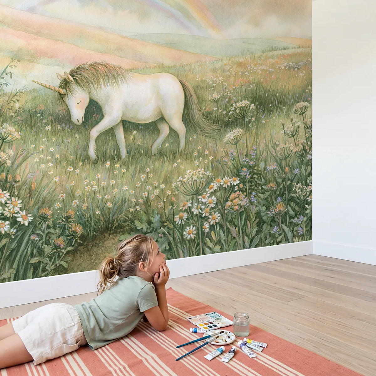 Child in nursery with Unicorn Meadow Day Wallpaper Mural by Whimsy Tots
