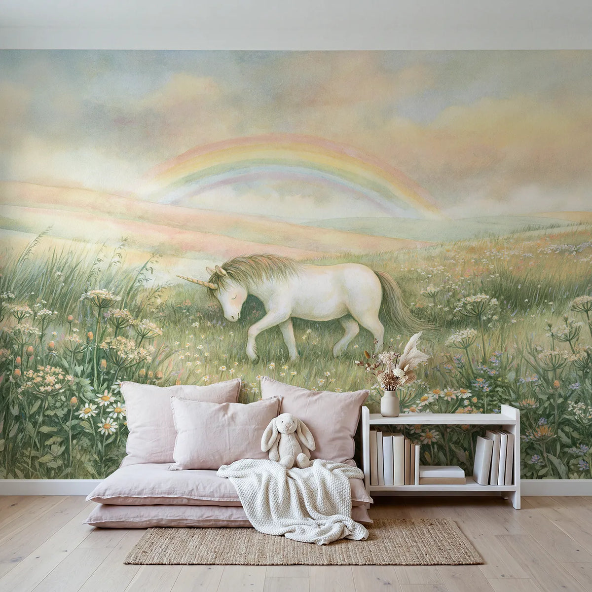 Unicorn Meadow Day Wallpaper Mural in playroom setting by Whimsy Tots