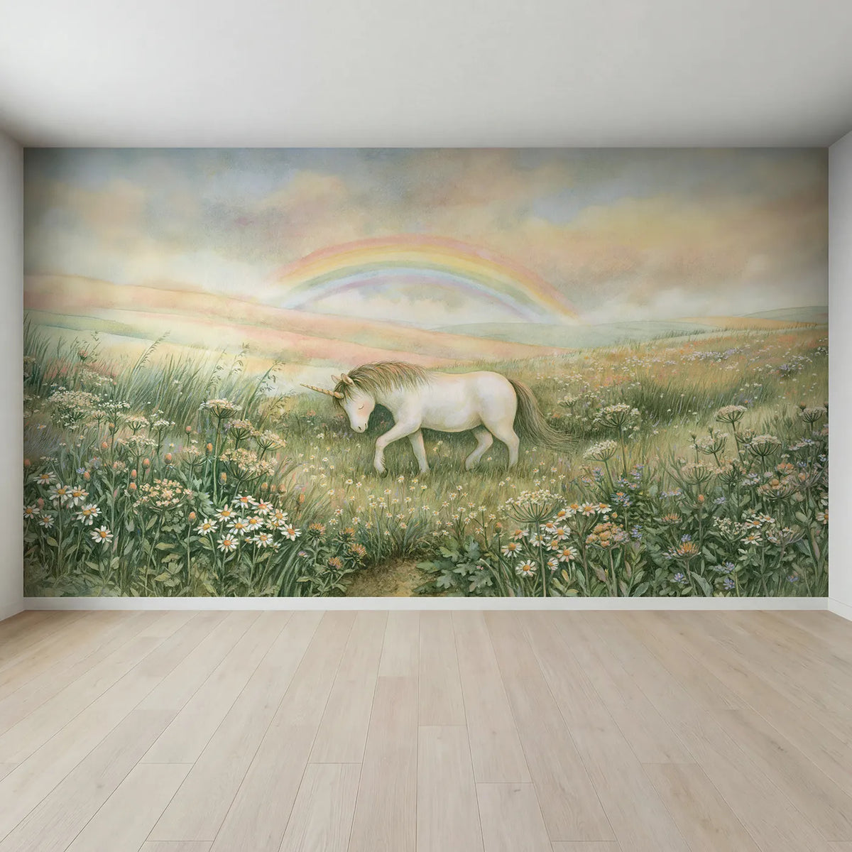 Full view of Unicorn Meadow Day Wallpaper Mural by Whimsy Tots