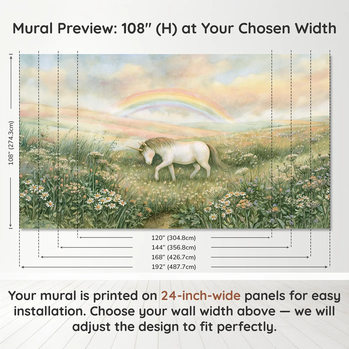Panel layout and dimensions for Unicorn Meadow Day Wallpaper Mural by Whimsy Tots