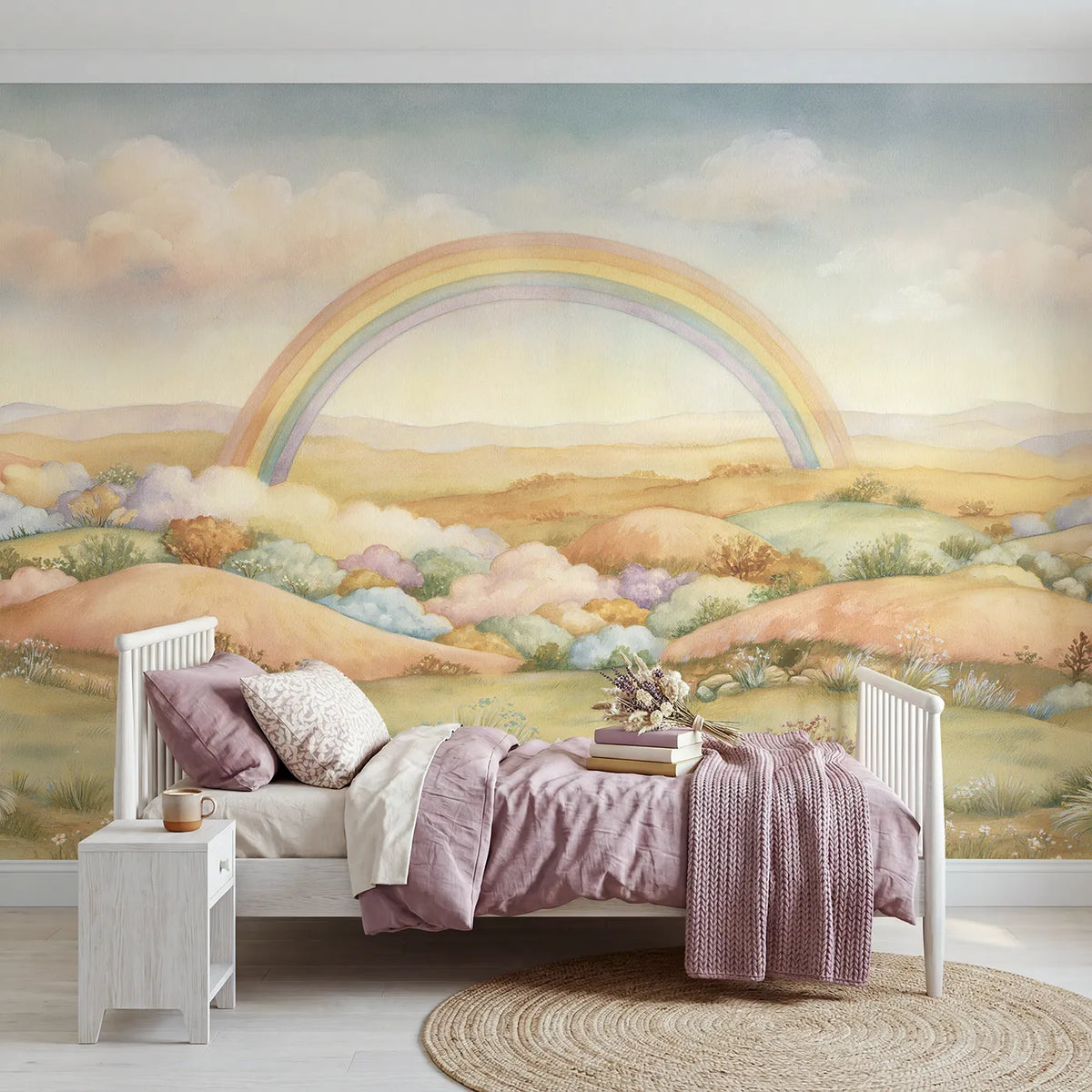 Storybook wall mural of a soft rainbow wonderland by Whimsy Tots