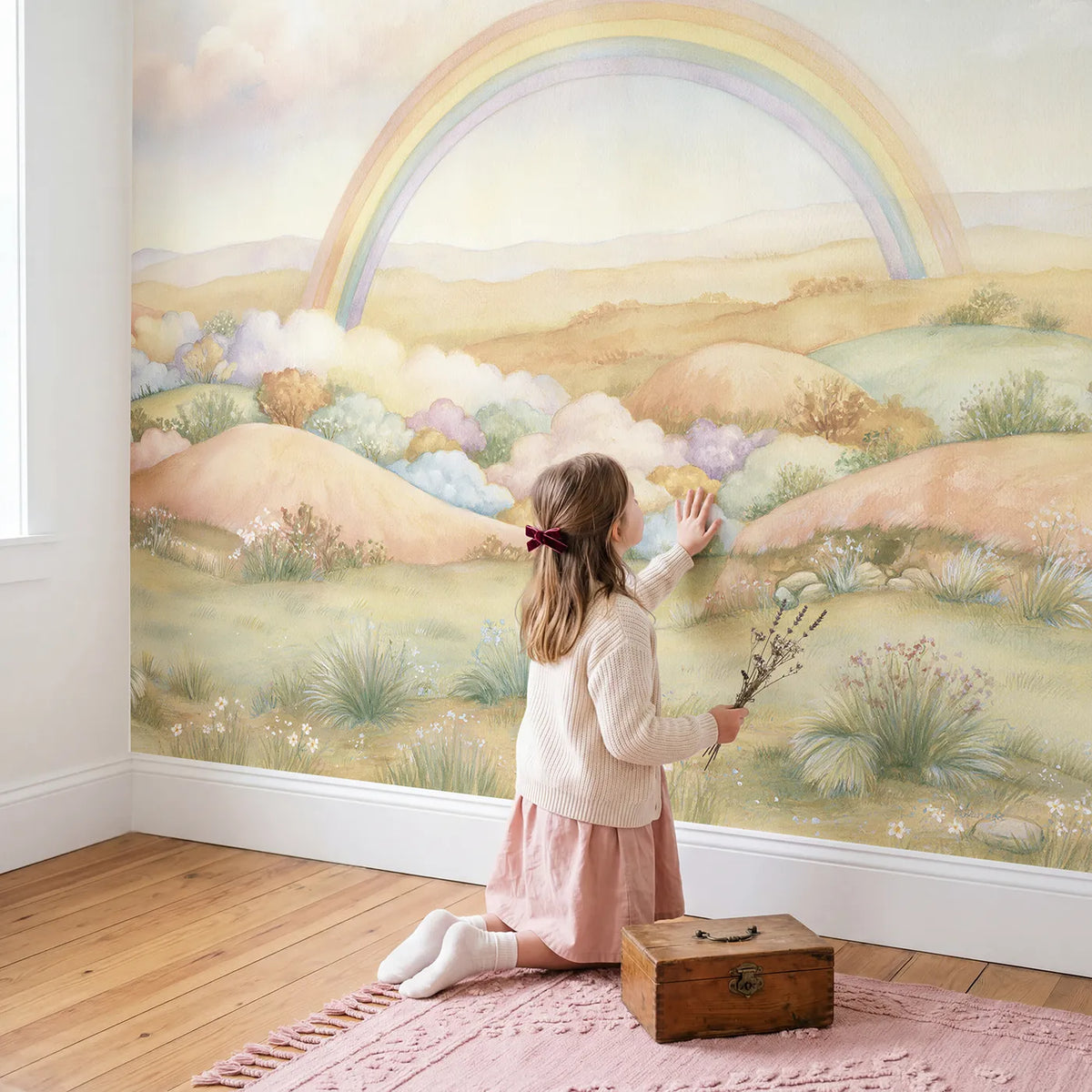 Child in nursery with Rainbow Wonder Land Wallpaper Mural by Whimsy Tots