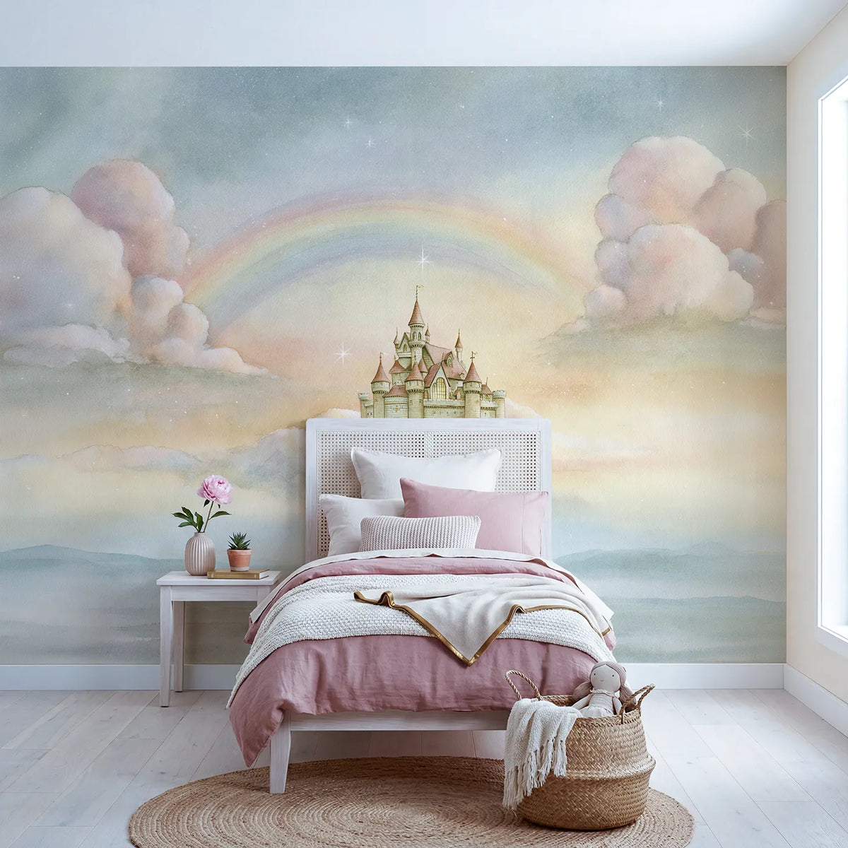 Storybook wall mural of a soft cloud castle by Whimsy Tots
