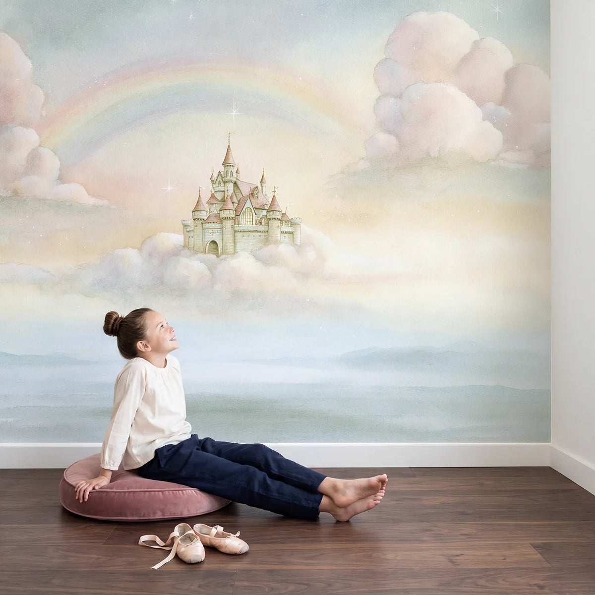 Child in nursery with Magic Cloud Castle Wallpaper Mural by Whimsy Tots