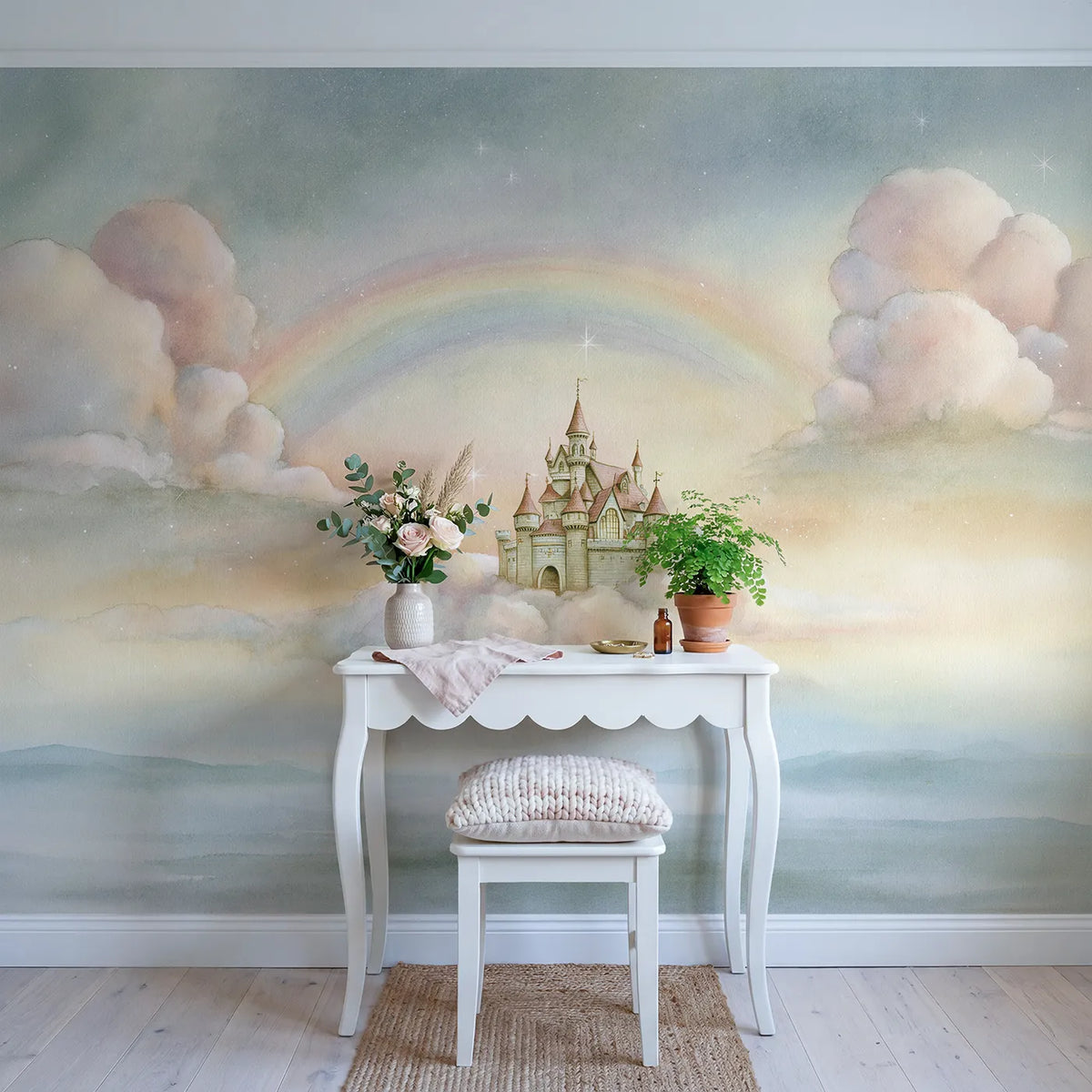 Magic Cloud Castle Wallpaper Mural in playroom setting by Whimsy Tots