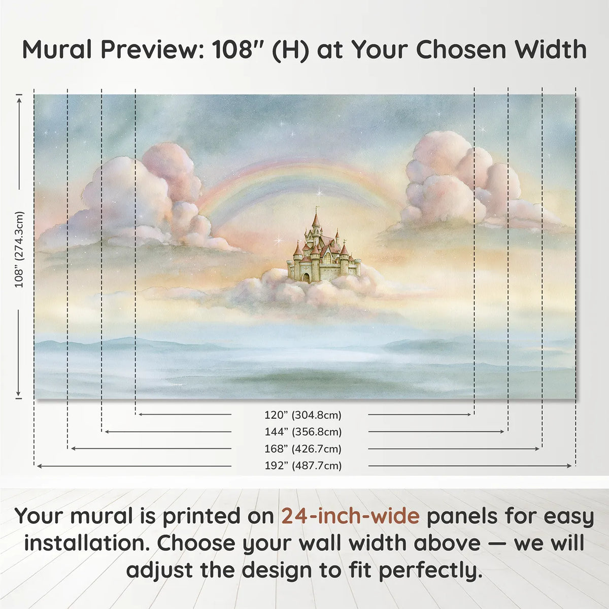 Panel layout and dimensions for Magic Cloud Castle Wallpaper Mural by Whimsy Tots