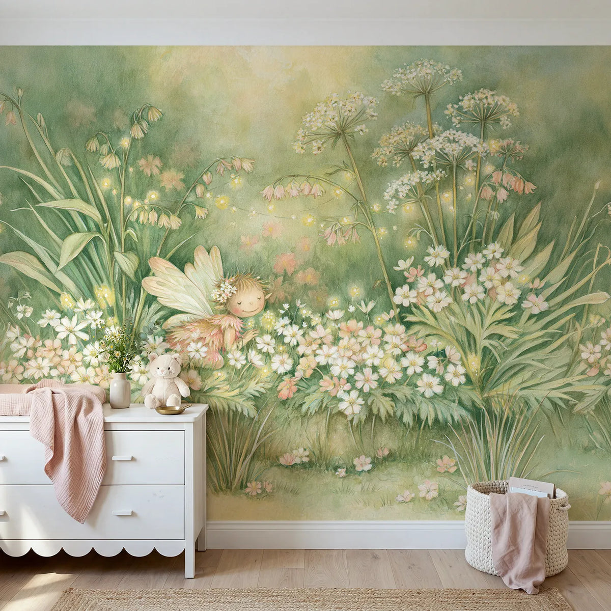 Storybook wall mural of a little fairy garden by Whimsy Tots