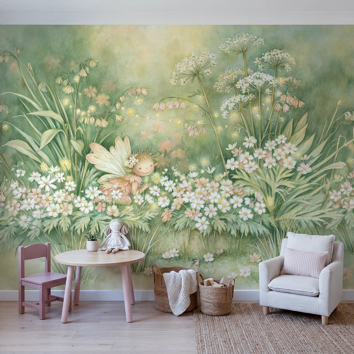 Little Fairy Garden Wallpaper Mural in playroom setting by Whimsy Tots