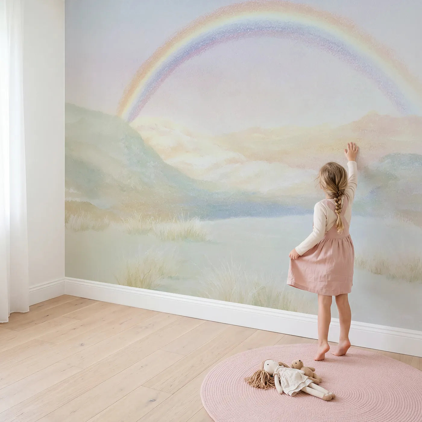 Child in nursery with Soft Rainbow Hills Wallpaper Mural by Whimsy Tots