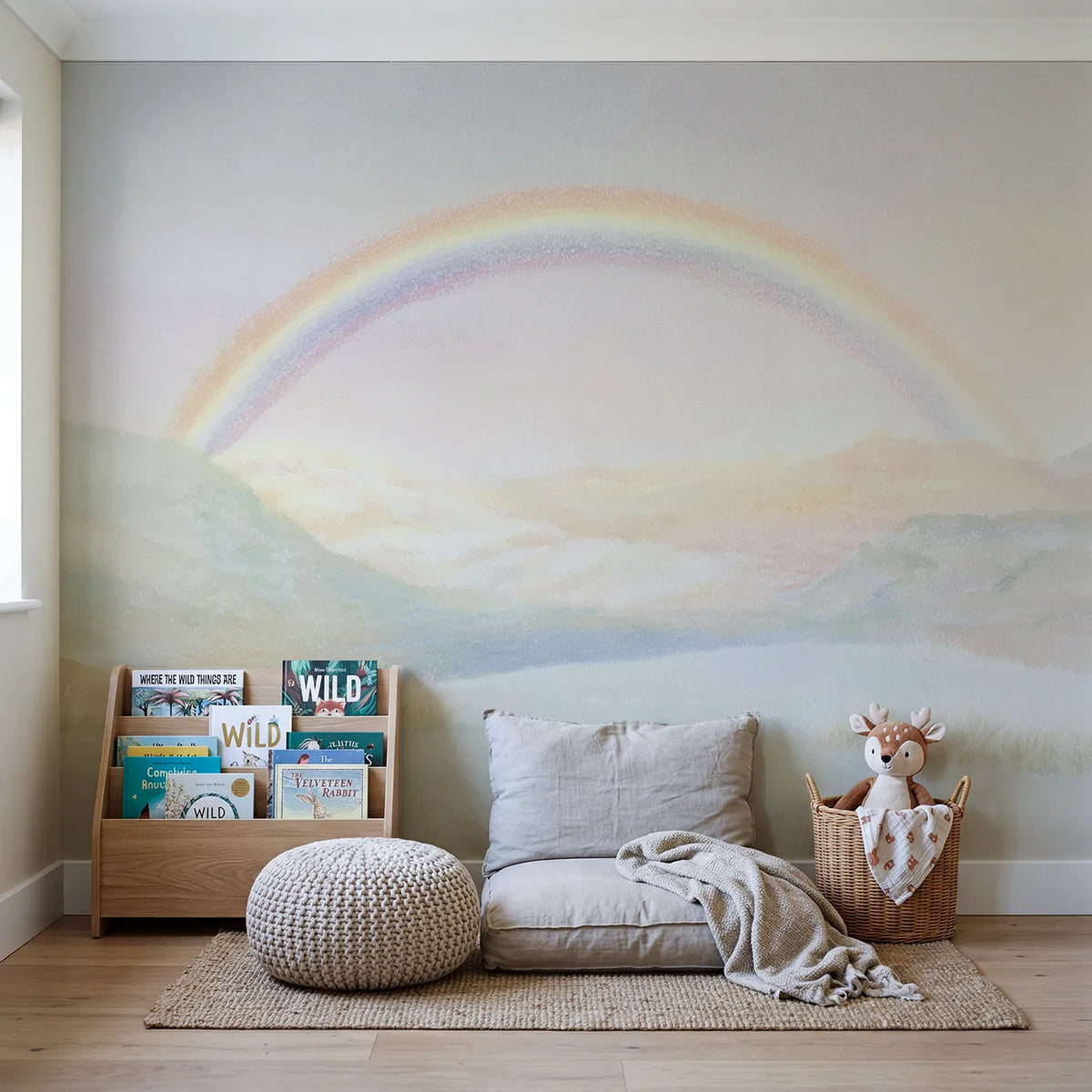 Soft Rainbow Hills Wallpaper Mural in playroom setting by Whimsy Tots