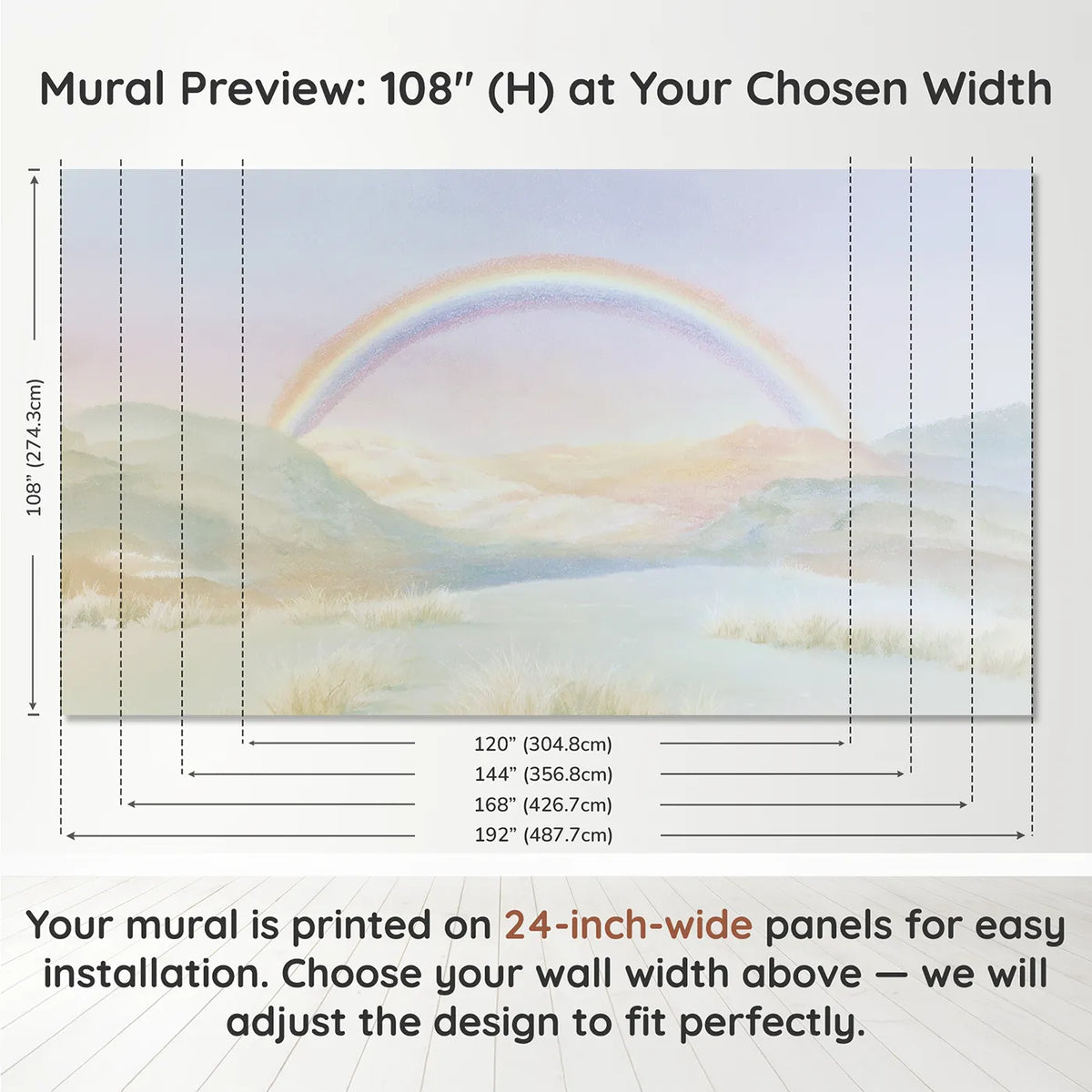 Panel layout and dimensions for Soft Rainbow Hills Wallpaper Mural by Whimsy Tots