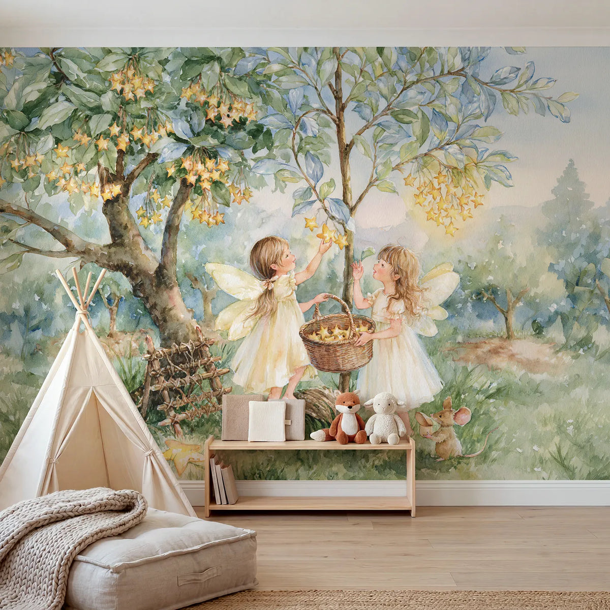 Watercolor fairies picking ripe stars from a tree, mural for a toddler room by Whimsy Tots