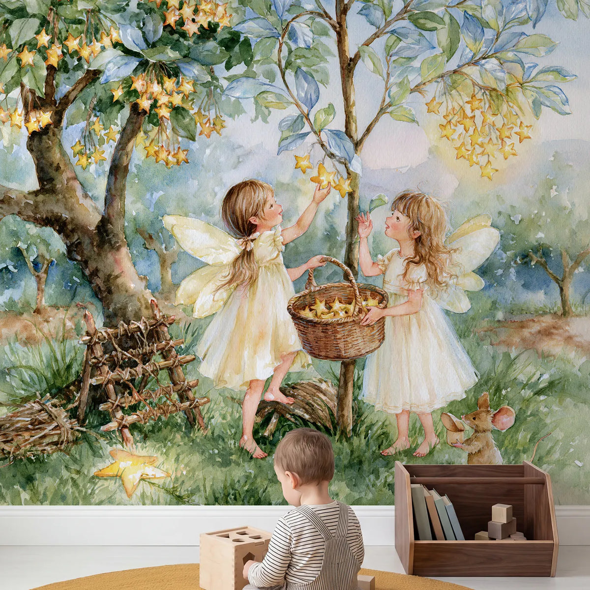 Child in nursery with The Star Orchard Wallpaper Mural by Whimsy Tots