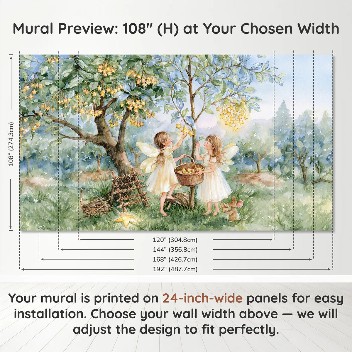 Panel layout and dimensions for The Star Orchard Wallpaper Mural by Whimsy Tots