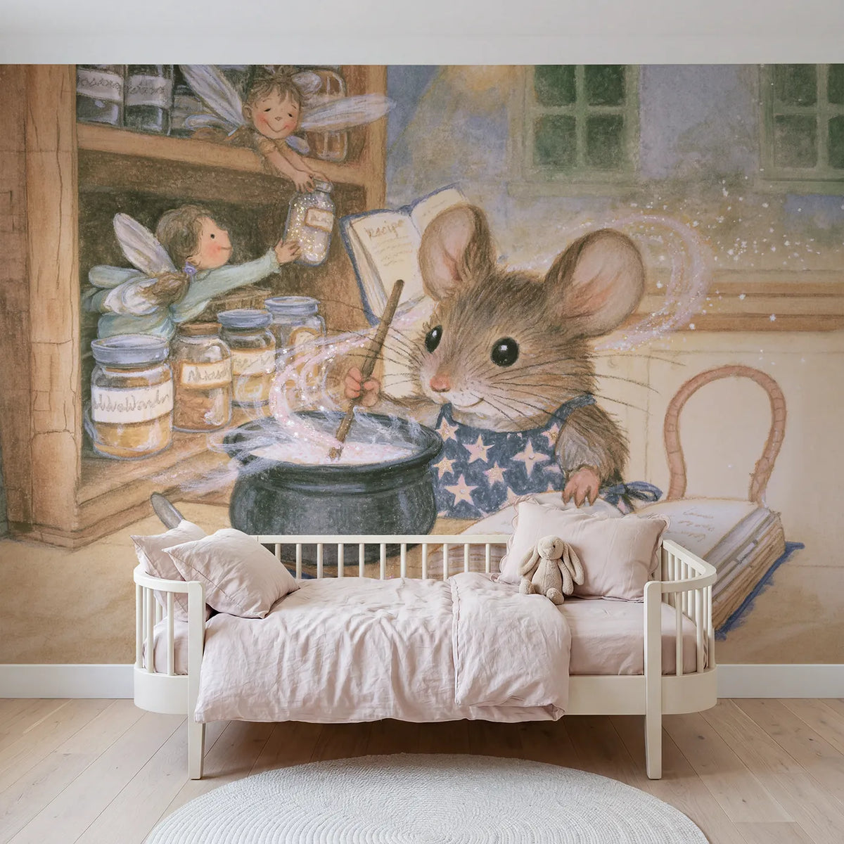 Colored Pencil mouse stirring a fizzing potion pot, mural for a playroom by Whimsy Tots