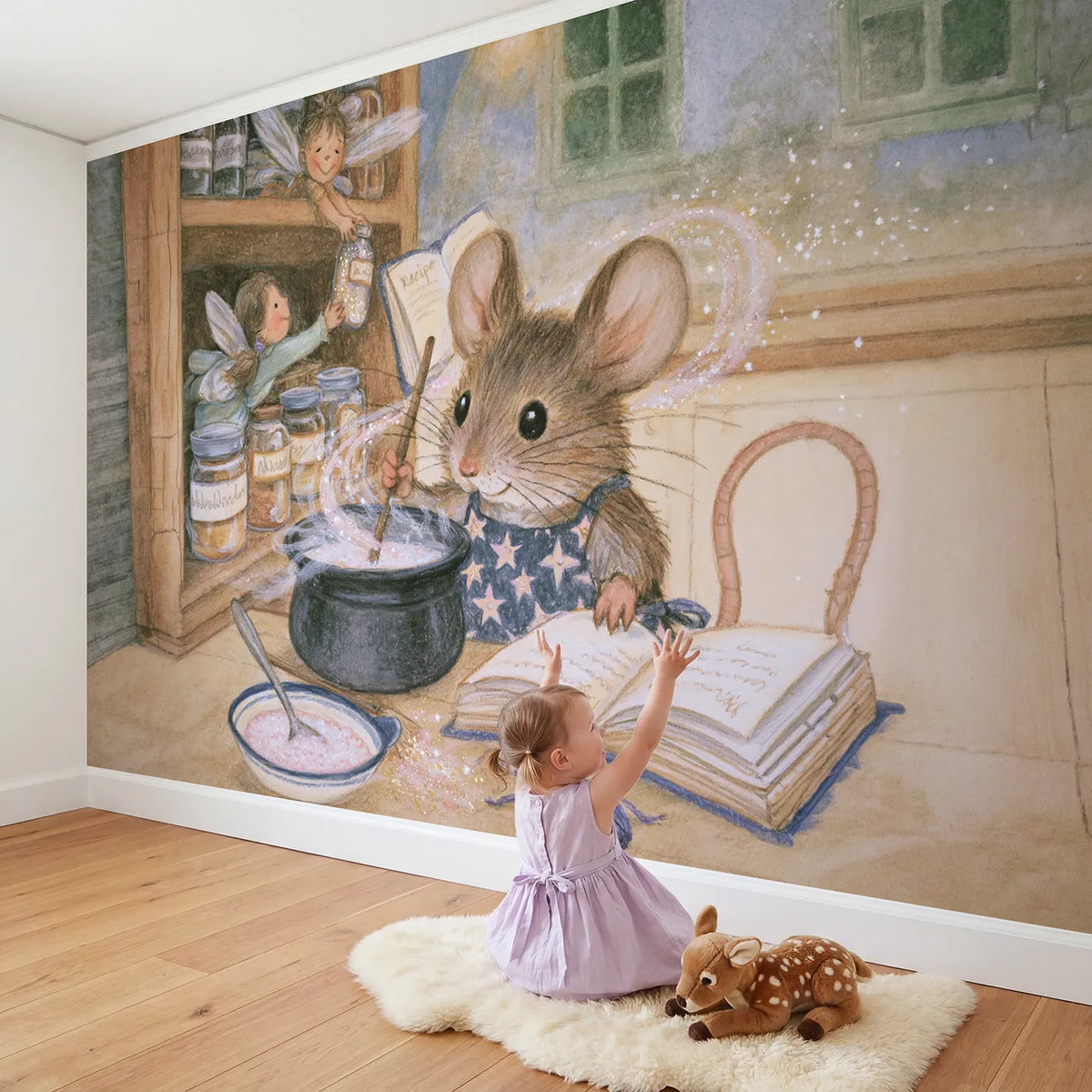 Child in nursery with The Little Potion Kitchen Wallpaper Mural by Whimsy Tots