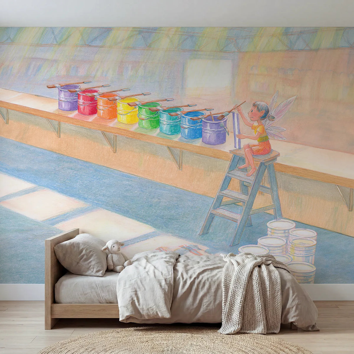 Colored Pencil rainbow paint pots in color order on a shelf, mural for a bedroom by Whimsy Tots