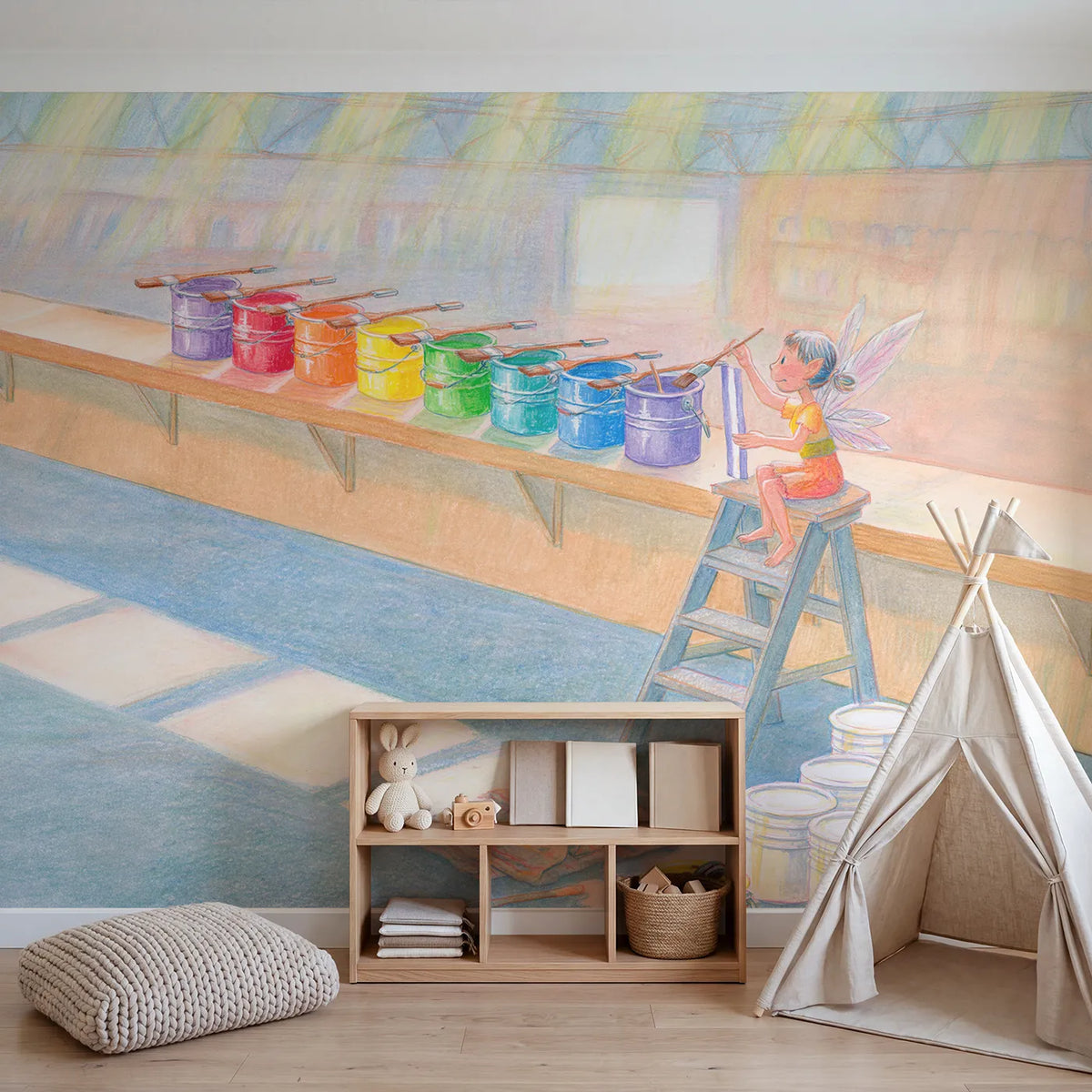 The Rainbow Paint Pots Wallpaper Mural in playroom setting by Whimsy Tots