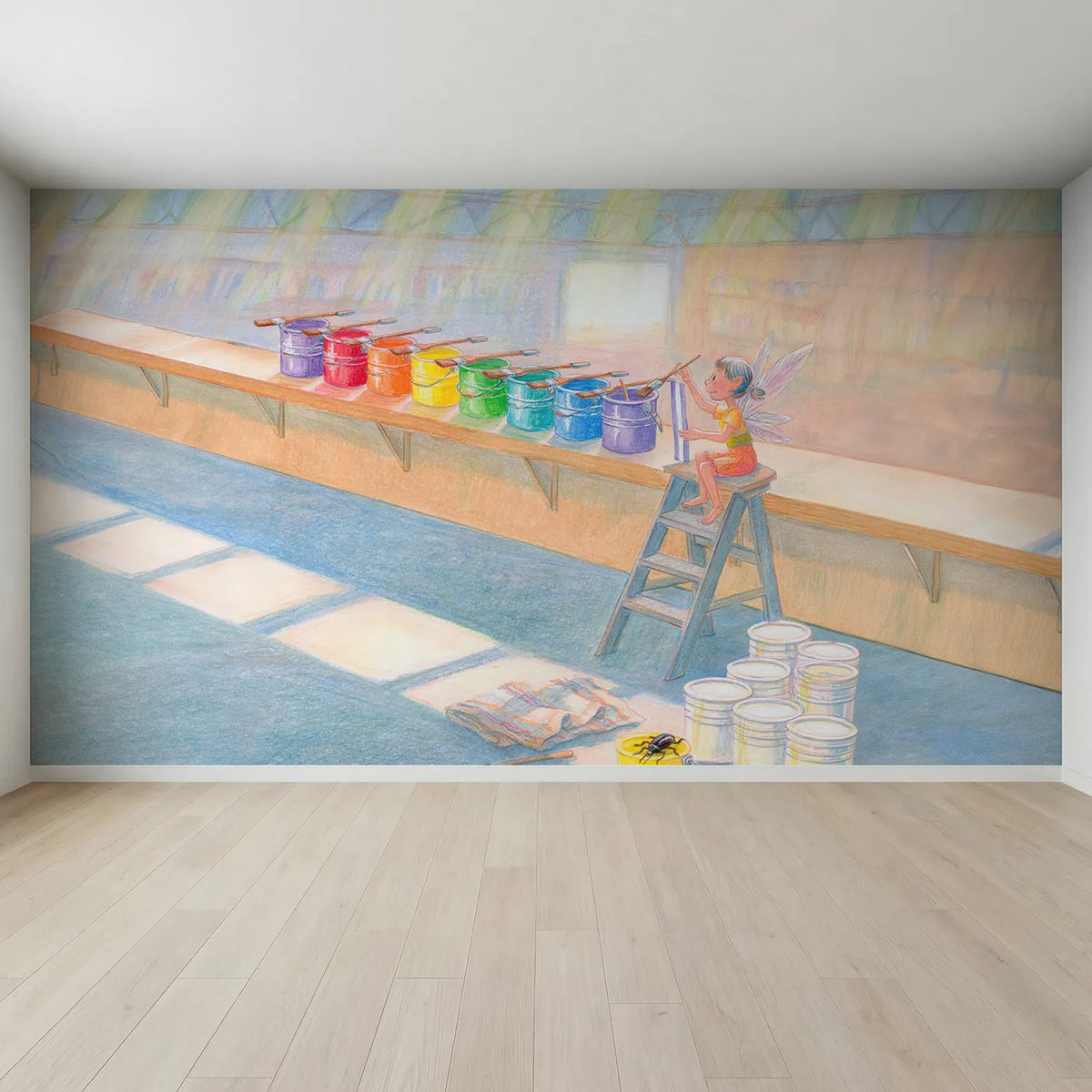 Full view of The Rainbow Paint Pots Wallpaper Mural by Whimsy Tots