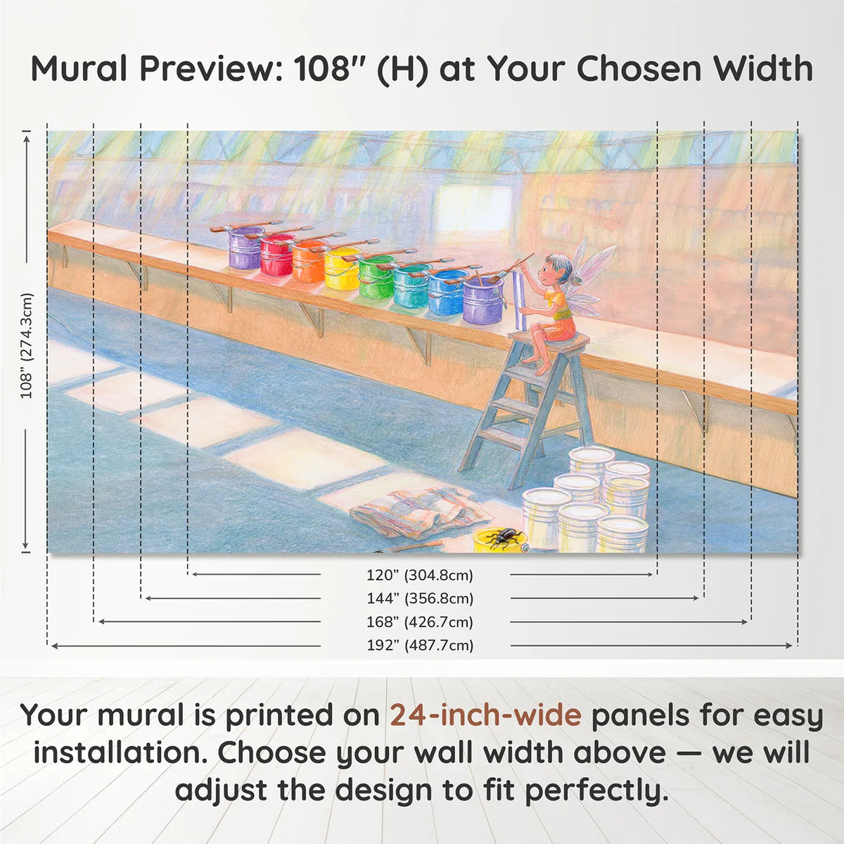 Panel layout and dimensions for The Rainbow Paint Pots Wallpaper Mural by Whimsy Tots