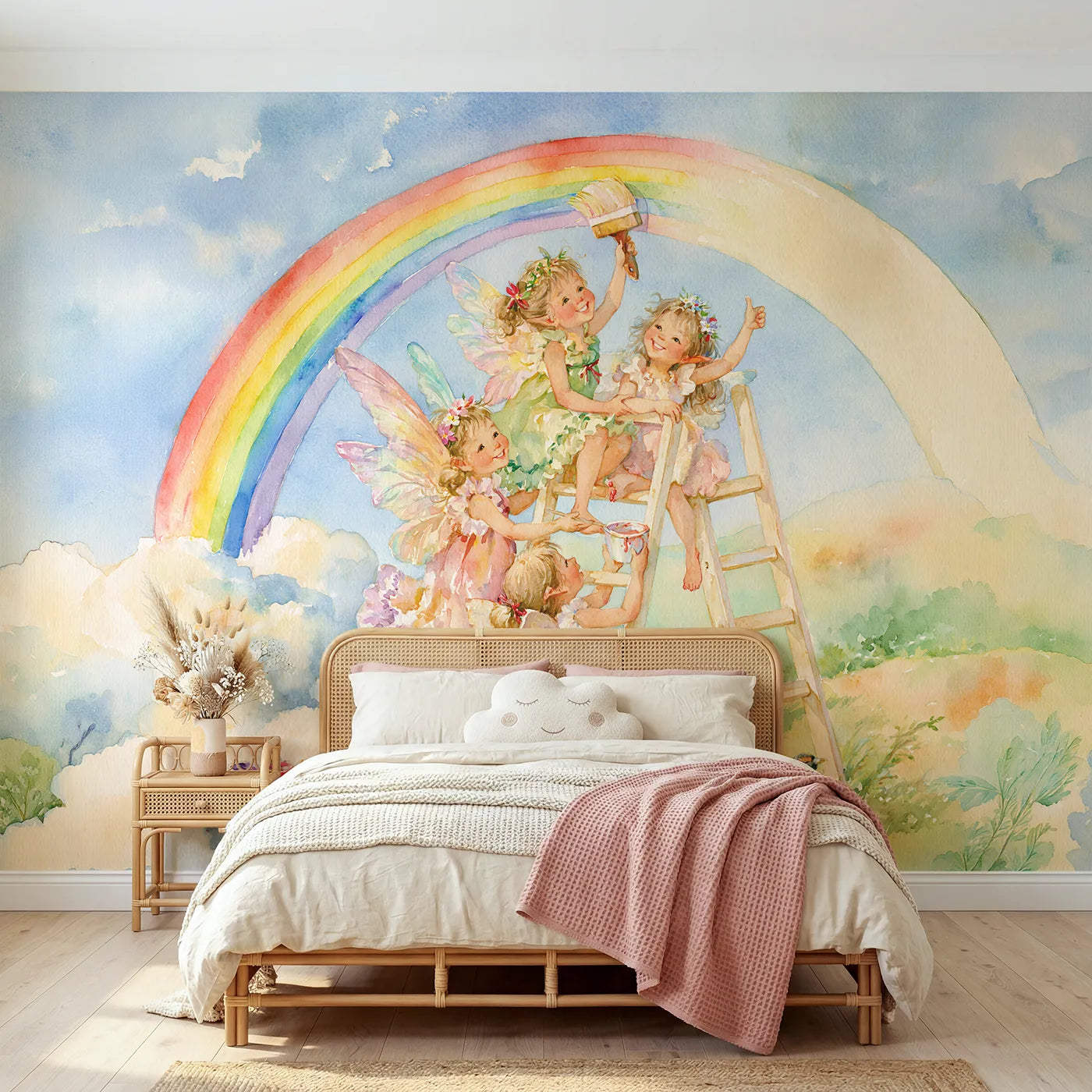 Watercolor fairies repainting a faded rainbow stripe, mural for a playroom by Whimsy Tots