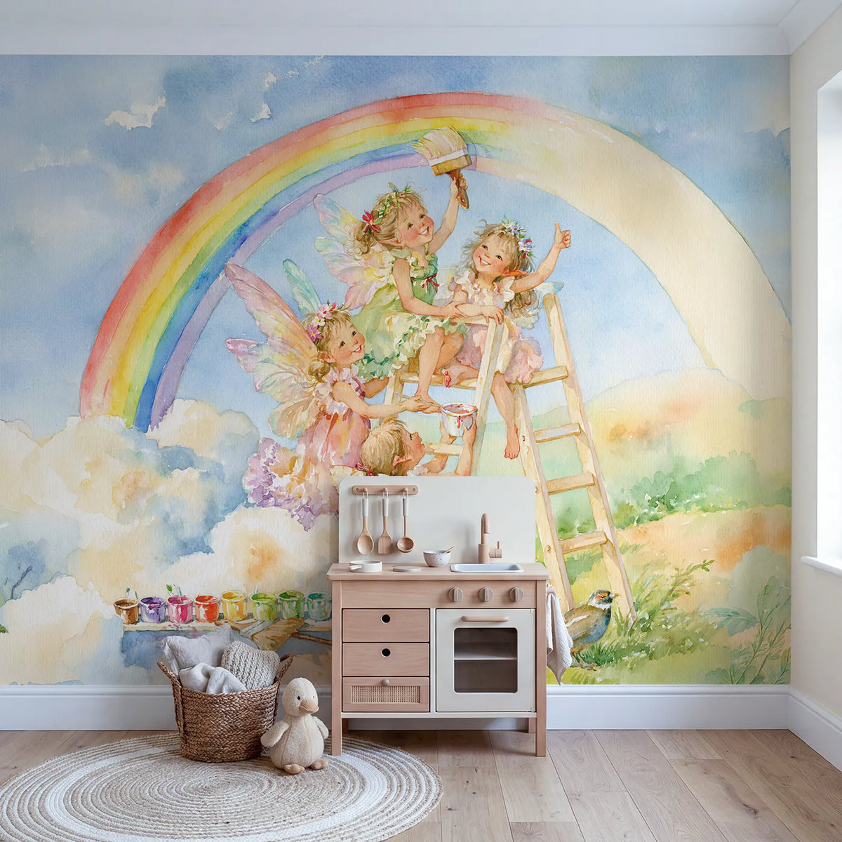 Mending the Rainbow Wallpaper Mural in playroom setting by Whimsy Tots