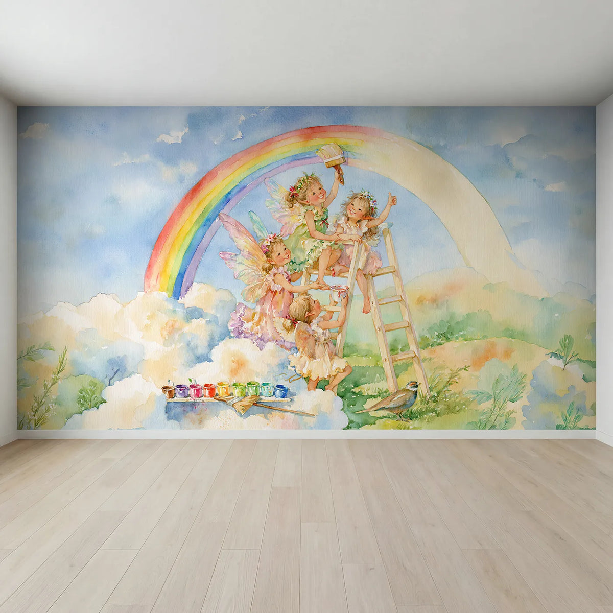 Full view of Mending the Rainbow Wallpaper Mural by Whimsy Tots