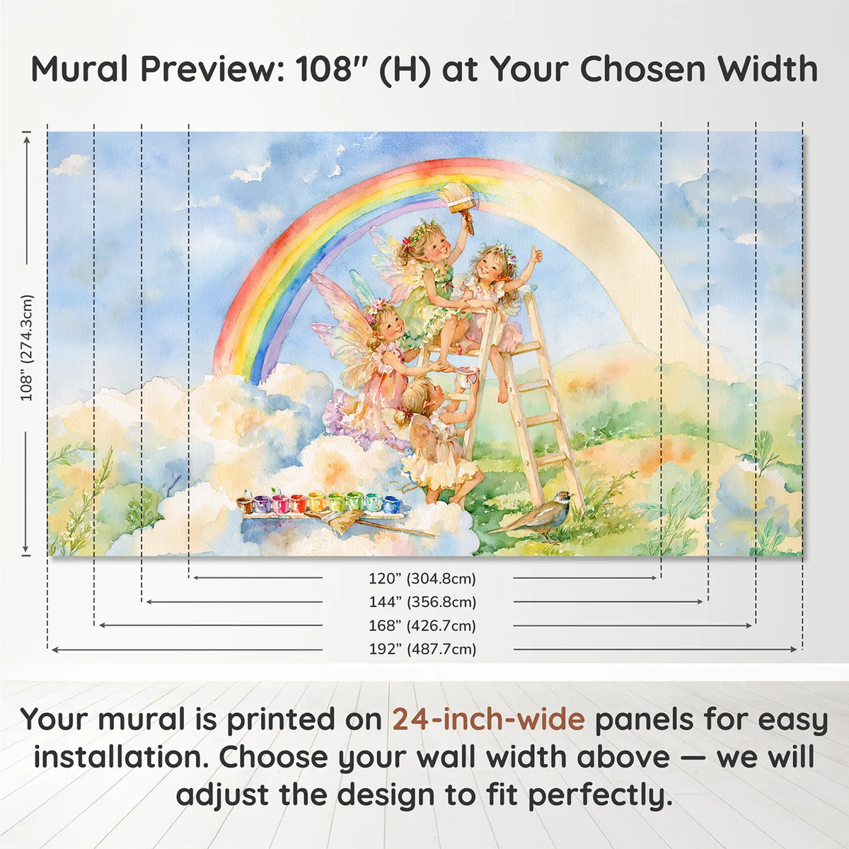 Panel layout and dimensions for Mending the Rainbow Wallpaper Mural by Whimsy Tots