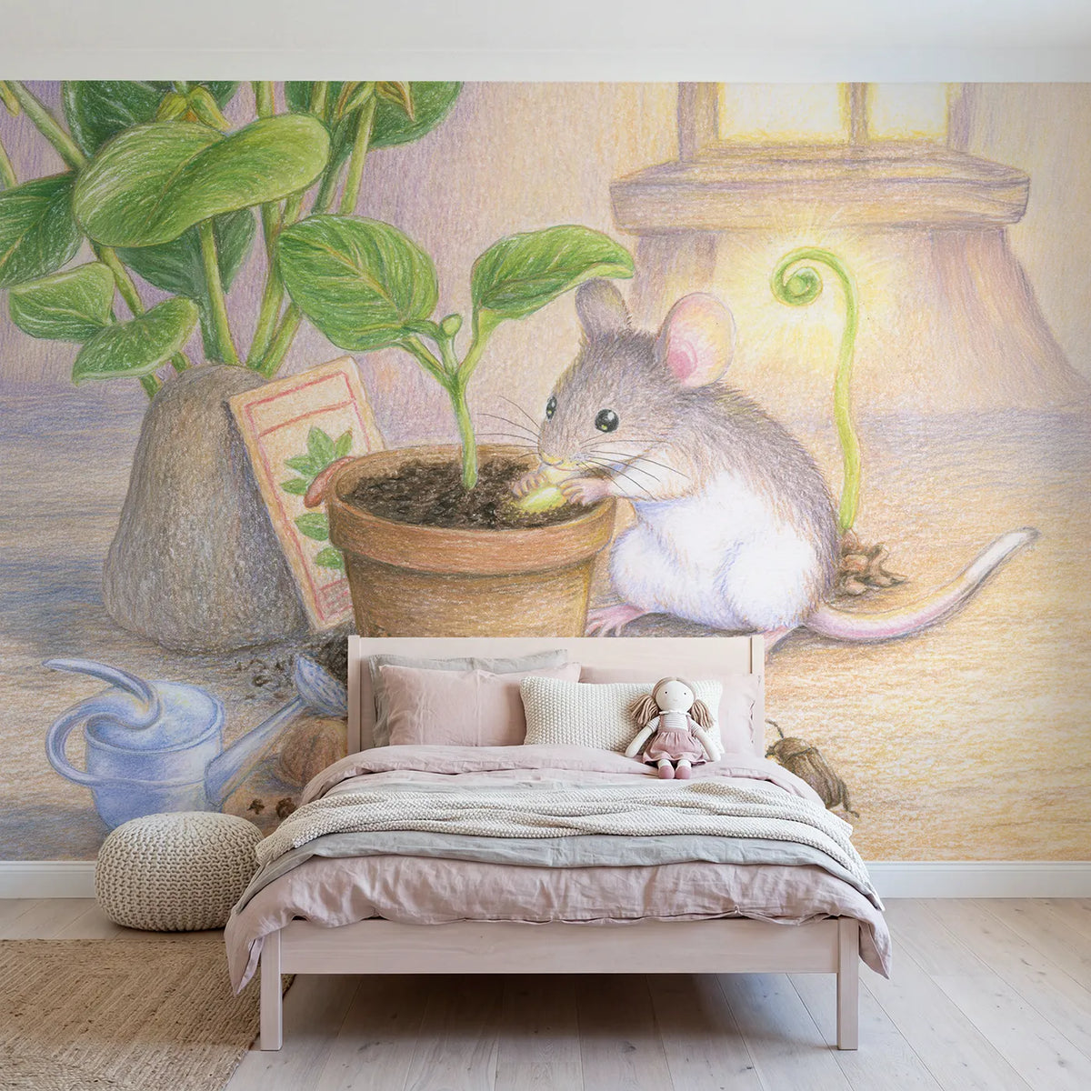 Colored Pencil mouse planting a softly glowing seed, mural for a toddler room by Whimsy Tots