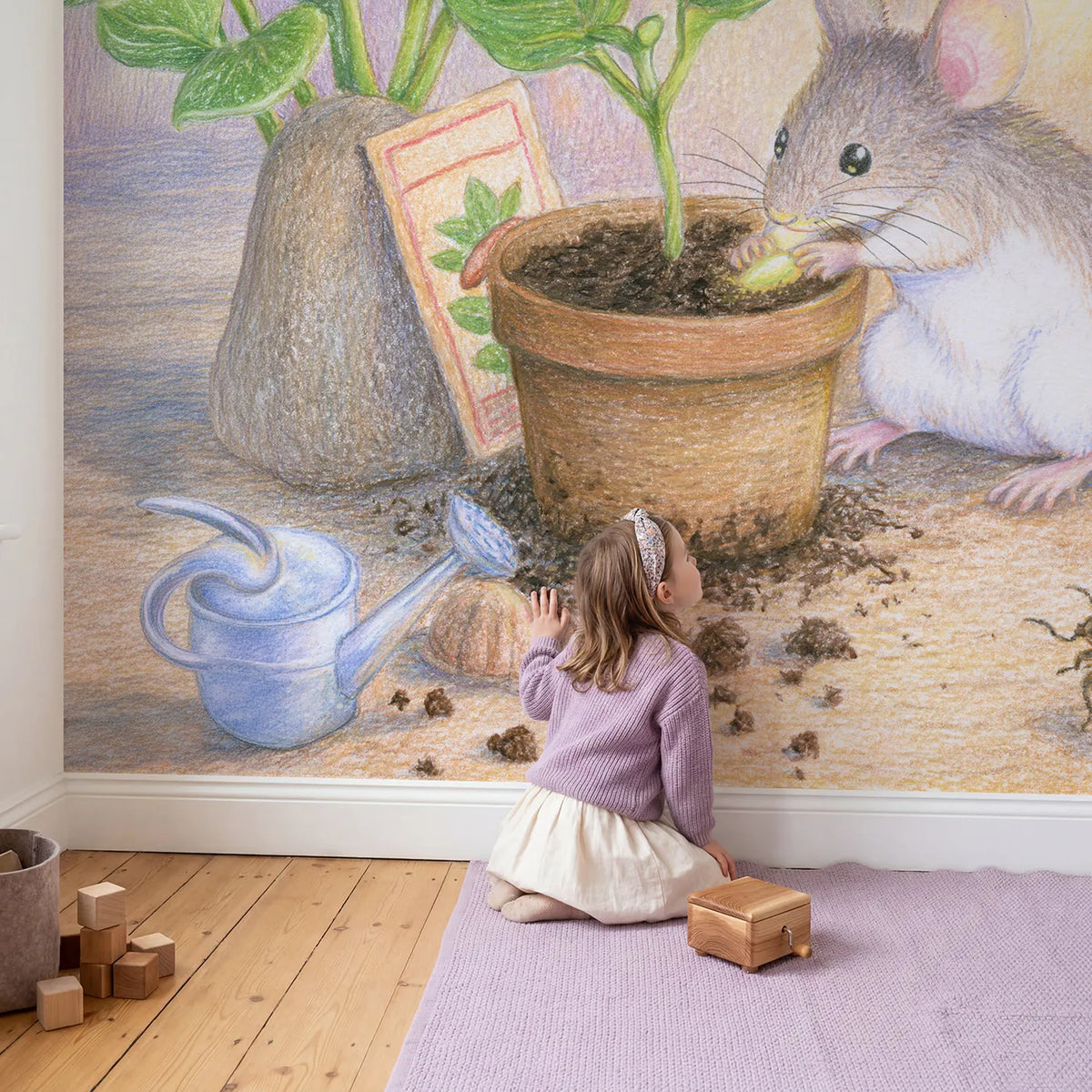 Child in nursery with Planting the Magic Seed Wallpaper Mural by Whimsy Tots